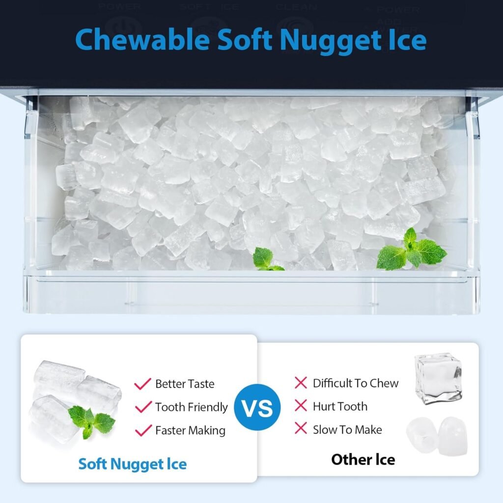 Aeitto Nugget Ice Maker Countertop, 55 lbs/Day, Chewable Ice Maker, Rapid Ice Release in 5 Mins, Auto Water Refill, Self-Cleaning, Stainless Steel Housing Ice Machine