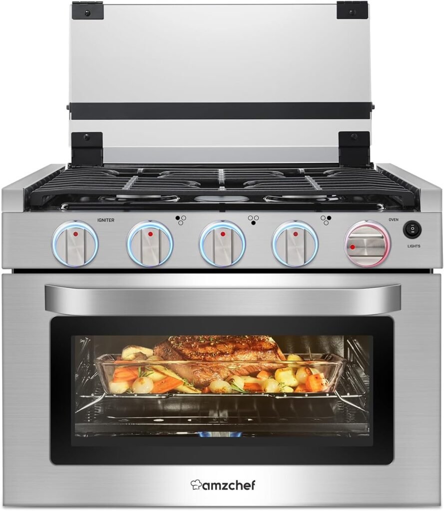 AMZCHEF 17 Inch Gas Range Stove 12V, Ideal for RV Use with 3 Burners, 1.24 Cu.Ft. Capacity Gas Oven, 28,100BTU, Open Flame Configuration, Knob work indicator, Heavy Duty Cast Iron Grates,