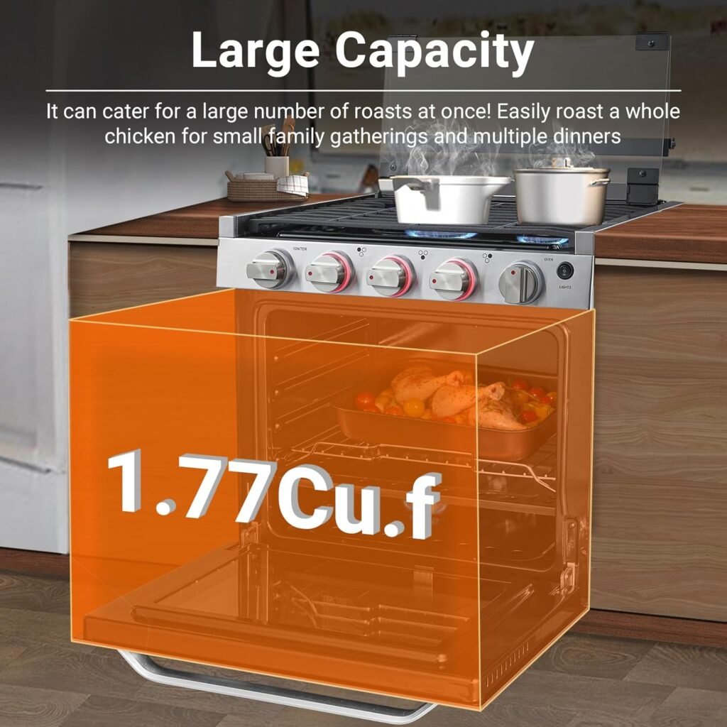 AMZCHEF 17 Inch Gas Range Stove 12V, Ideal for RV Use with 3 Burners, 1.24 Cu.Ft. Capacity Gas Oven, 28,100BTU, Open Flame Configuration, Knob work indicator, Heavy Duty Cast Iron Grates,