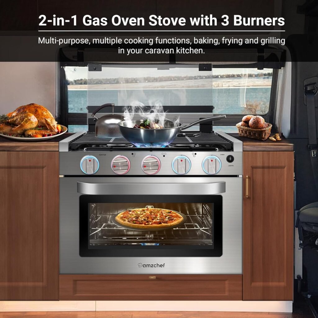 AMZCHEF 17 Inch Gas Range Stove 12V, Ideal for RV Use with 3 Burners, 1.24 Cu.Ft. Capacity Gas Oven, 28,100BTU, Open Flame Configuration, Knob work indicator, Heavy Duty Cast Iron Grates,