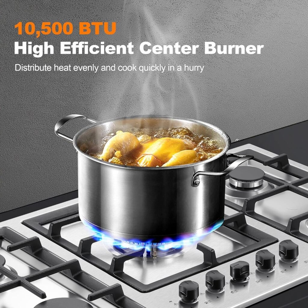 Amzgachfktch Gas Cooktop 36 Inch, 5 Burner Gas Stove Top, Built in Stainless Steel 36 Inch Gas Hob with Thermocouple Protection, LPG/NG Convertible Propane Cooktop