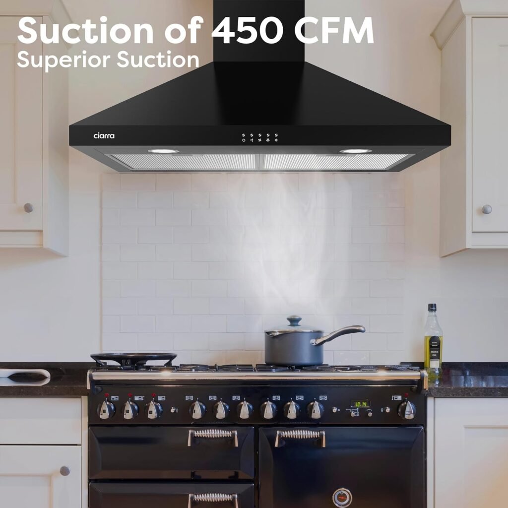 Black Range Hood 30 inch 450 CFM Wall Mount Range Hood with Anti-Fingerprint Design, Stove Hood Vent for Kitchen with 3 Speed Fan, Ducted and Ductless Convertible, CAB75206P