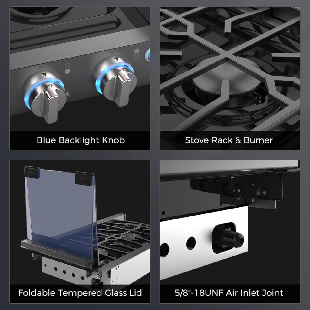 CAMPLUX RV Slide-in Gas Stove | 2 Burners Propane Cooktop with Tempered Glass Cover | 12 Gas Rangetop with Blue Indicator Light | 13,000BTU | Black