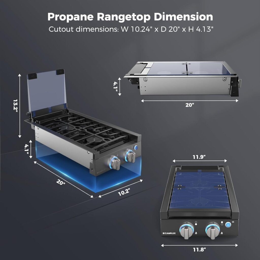 CAMPLUX RV Slide-in Gas Stove | 2 Burners Propane Cooktop with Tempered Glass Cover | 12 Gas Rangetop with Blue Indicator Light | 13,000BTU | Black