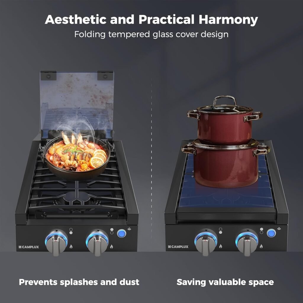 CAMPLUX RV Slide-in Gas Stove | 2 Burners Propane Cooktop with Tempered Glass Cover | 12 Gas Rangetop with Blue Indicator Light | 13,000BTU | Black