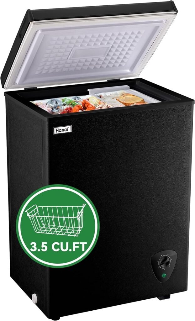 Chest Freezer Small Deep Freezer Black 3.5 Cu.Ft Free-Standing Top Door Freezer Adjustable 7 Thermostat and Removable Basket Open Garage Basement Apartment Kitchen Business