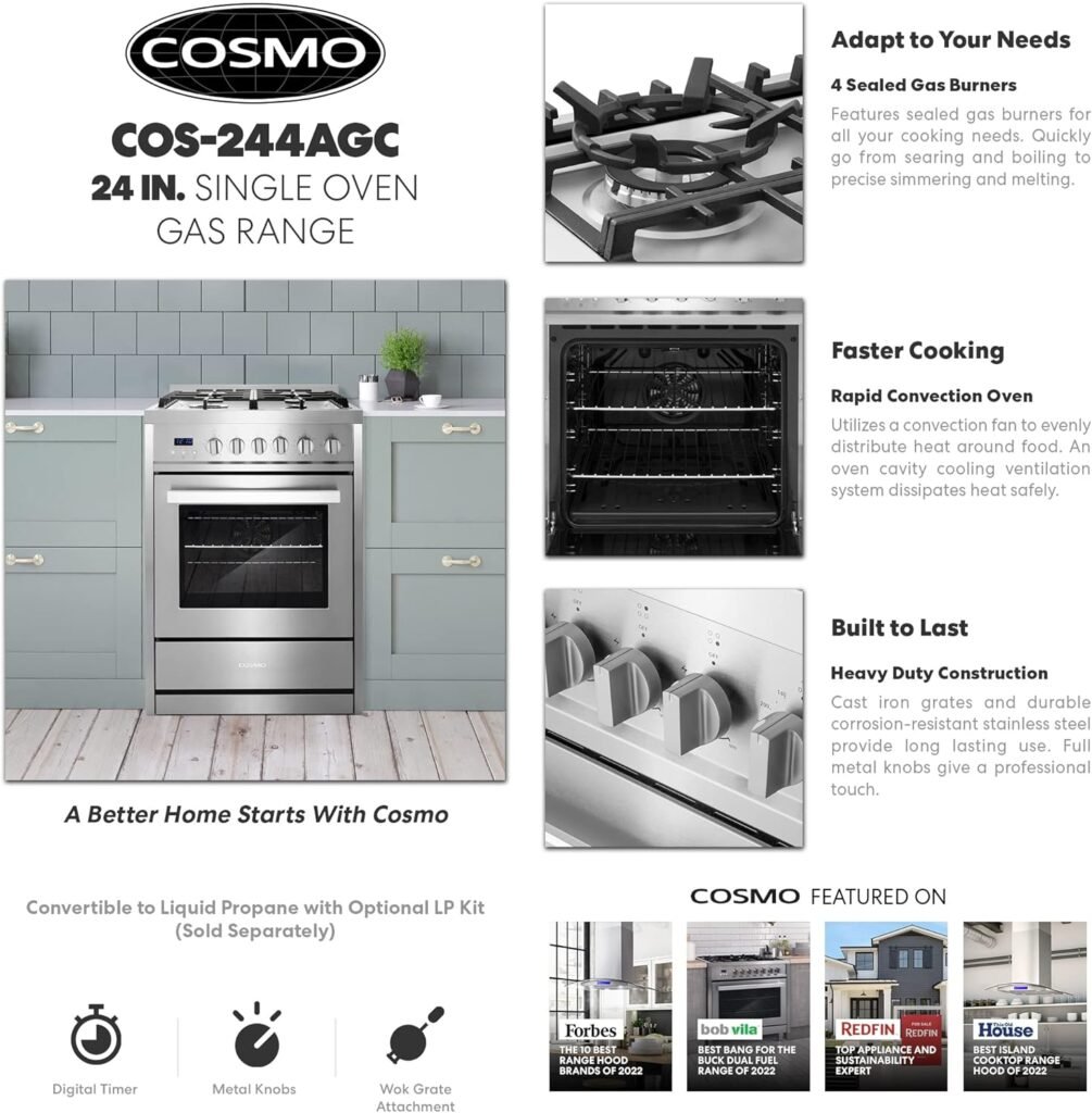 COSMO 24 in. 2.73 cu. ft. Single Oven Gas Range with 4 Burner Cooktop and Heavy Duty Cast Iron Grates in Stainless Steel