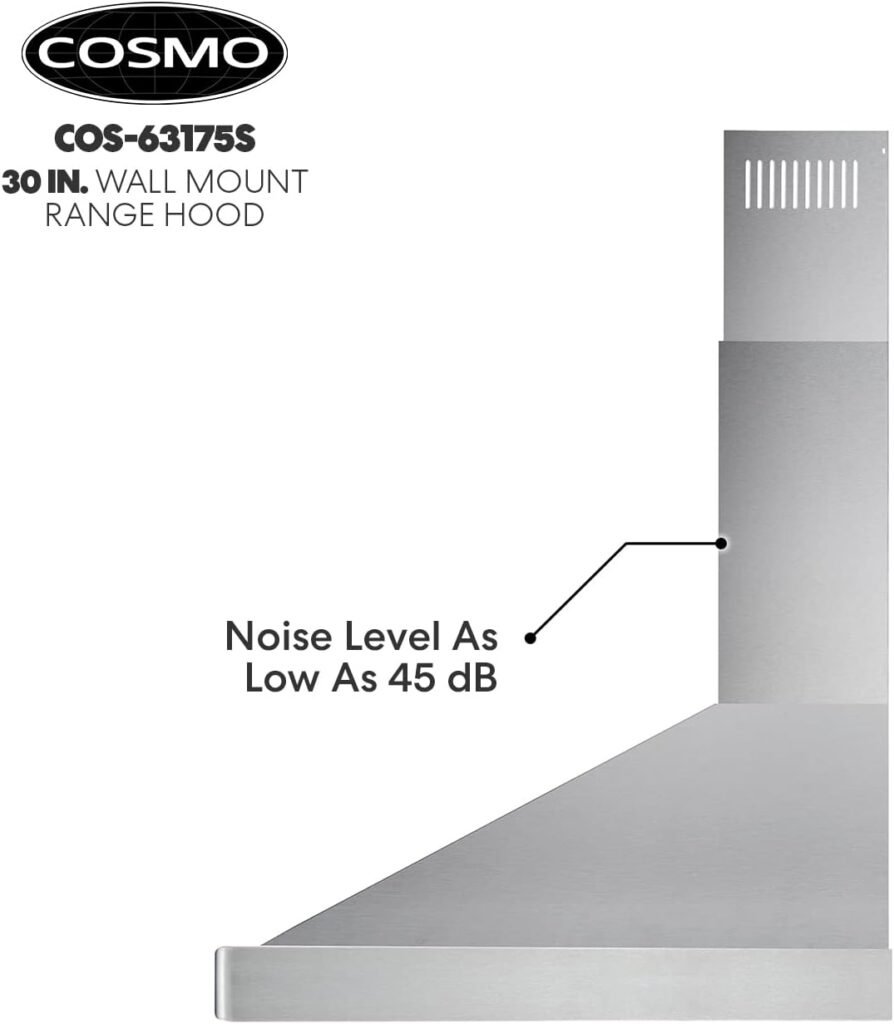 COSMO 63175 30 in. Wall Mount Range Hood with Efficient Airflow, Ducted, 3-Speed Fan, Permanent Filters, LED Lights, Chimney Style Over Stove Vent in Stainless Steel, Exhaust