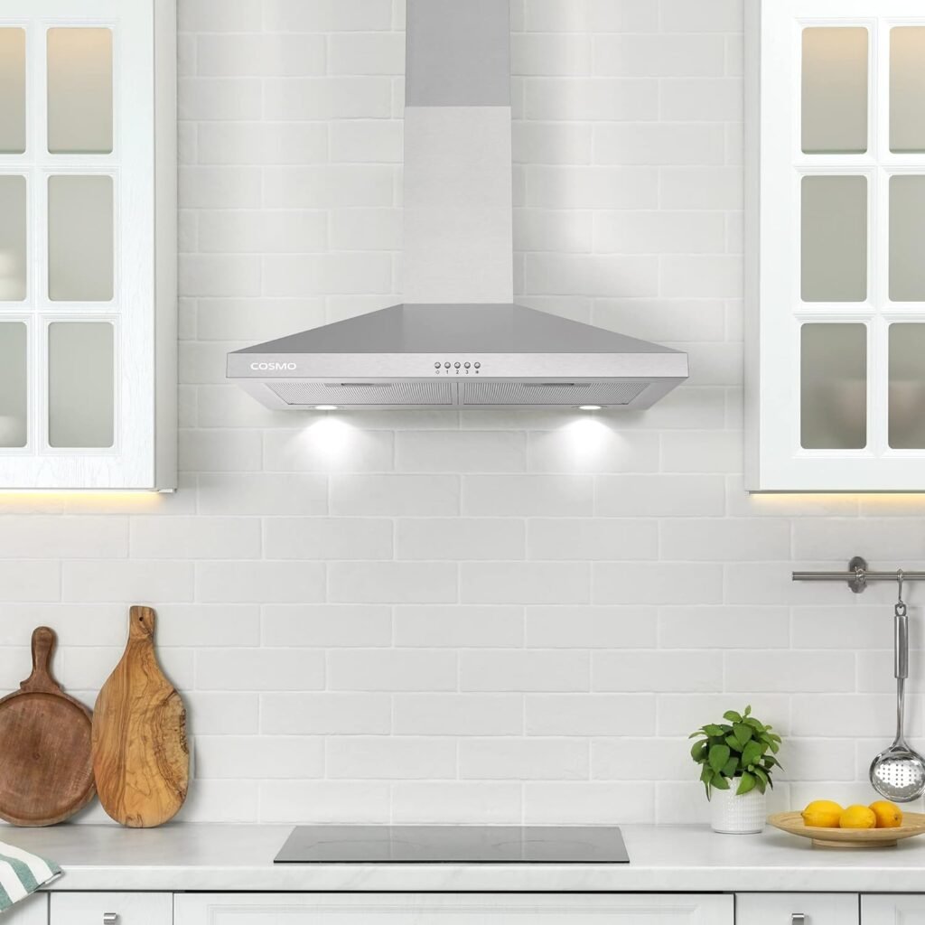 COSMO COS-63024P 30 in. Wall Mount Range Hood with Efficient Airflow, Ducted, 3-Speed Fan, Aluminum Filters, LED Lights, Chimney Style Over Stove Vent in Stainless Steel, Exhaust