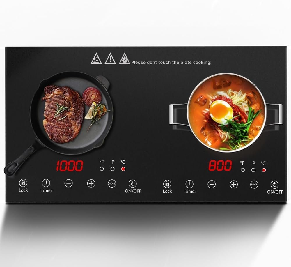 Double Induction Cooktop, 1800W Electric Cooktop with 2 Burner, Portable Countertop Burner with LED Sensor Touch Screen, 17 Power Levels 21 Temperature Setting Child Safety Lock, 3 Hours Timer
