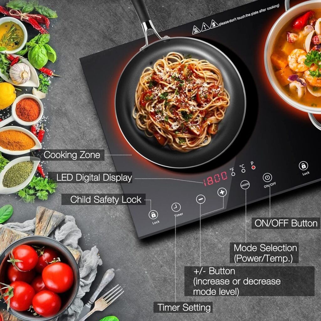 Double Induction Cooktop, 1800W Electric Cooktop with 2 Burner, Portable Countertop Burner with LED Sensor Touch Screen, 17 Power Levels 21 Temperature Setting Child Safety Lock, 3 Hours Timer