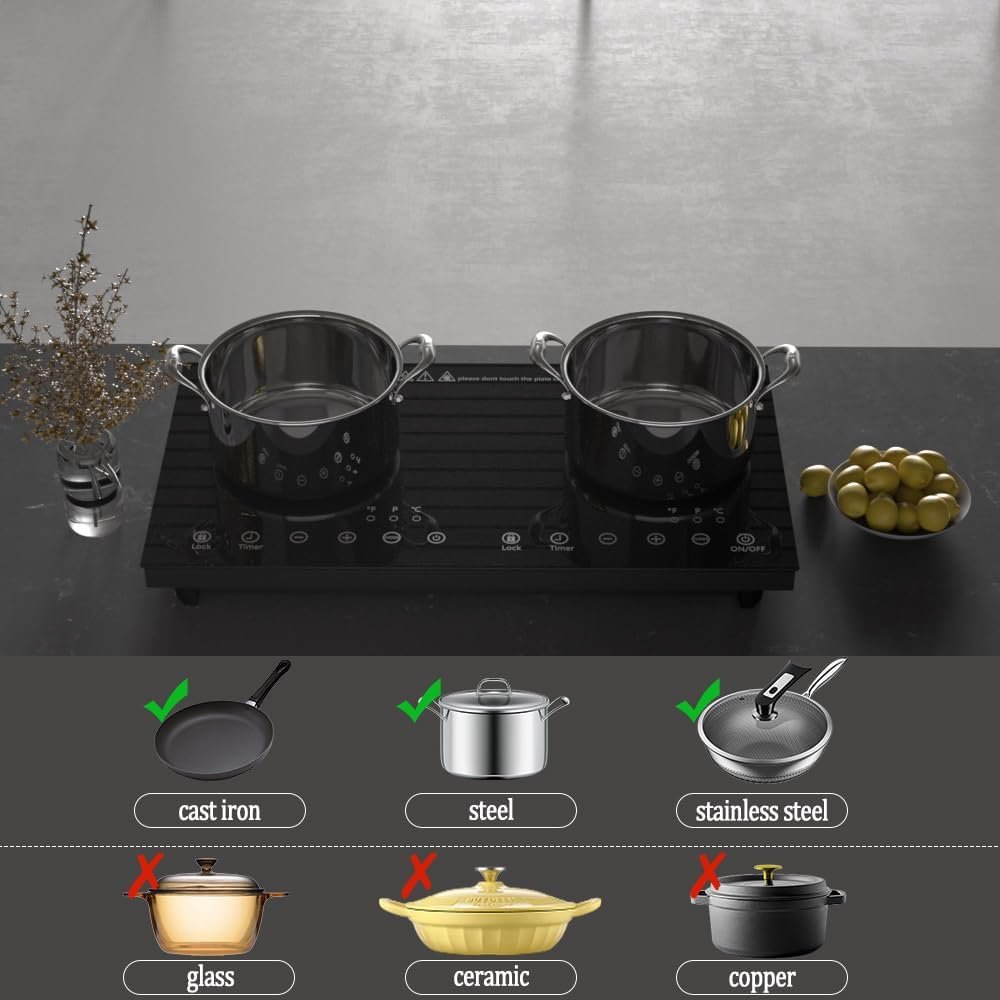 Double Induction Cooktop, 1800W Electric Cooktop with 2 Burner, Portable Countertop Burner with LED Sensor Touch Screen, 17 Power Levels 21 Temperature Setting Child Safety Lock, 3 Hours Timer