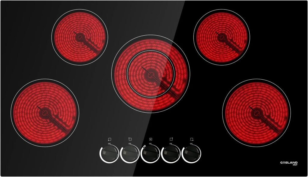 Electric Cooktop 36 Inch, GASLAND Chef CH90BS Built-in Radiant Stovetop 5 Burners, 220V, 7 Power Levels, Mechanical Knob Control, Hot Warning, Hardwired