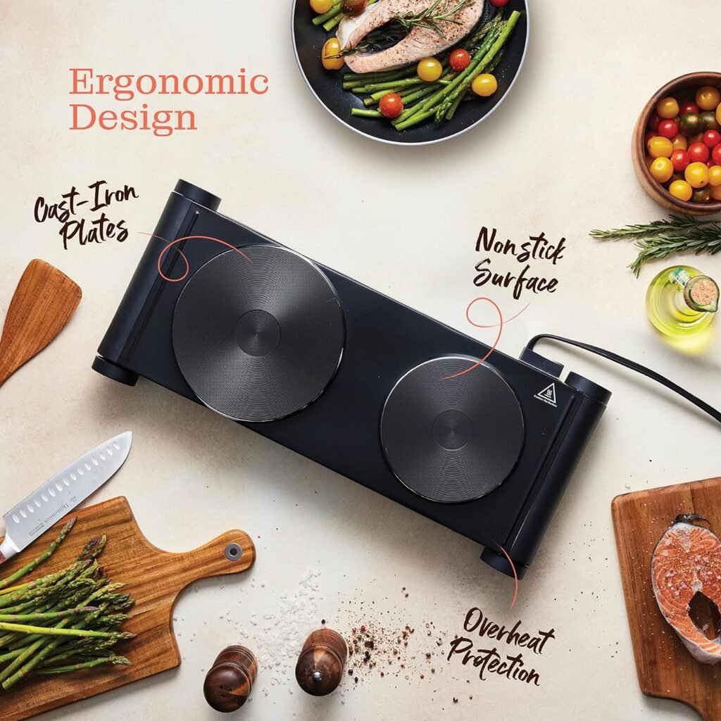 Electric Double Stovetop Hot Plate for Cooking 1800W 7.3/4 Glass Cast Iron Portable Stove Burners Cool Touch Handle Cooktop Keeps Food Warm Temperature Controls Electric Burner for Kitchen, Dorm