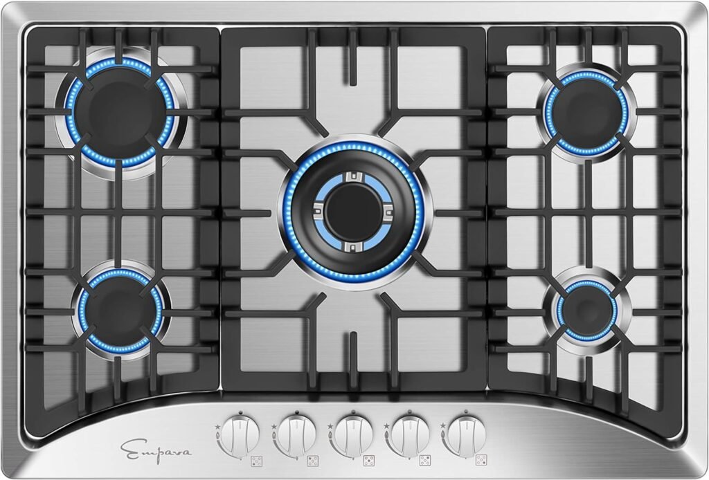 Empava 30 Inch Gas Cooktop with 5 World Class Made in Italy SABAF Burners, LPG/NG Convertible, Ideal RV Top Stoves for Kitchen, Stainless Steel