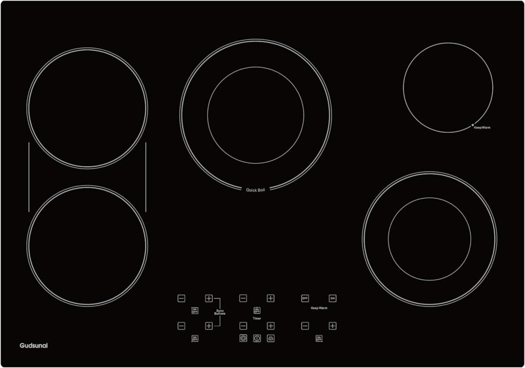 Gudsunal 30 Inch Electric Cooktop 5 Burners, ETL  FCC Certificated, Sync Elements, Keep Warm Setting, 9 Heating Level, Timer, Child Lock  Auto Shutdown, 8000W, Drop-in Electric Stove Top