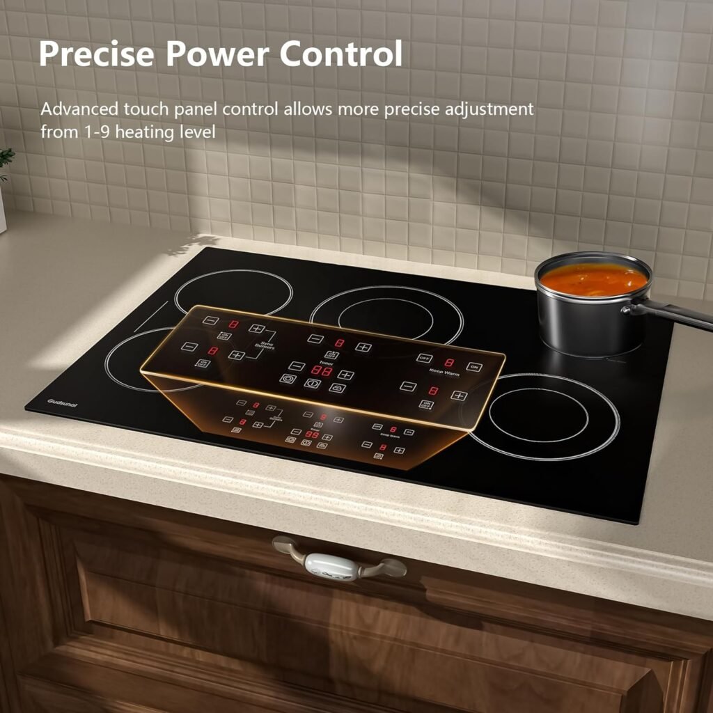 Gudsunal 30 Inch Electric Cooktop 5 Burners, ETL  FCC Certificated, Sync Elements, Keep Warm Setting, 9 Heating Level, Timer, Child Lock  Auto Shutdown, 8000W, Drop-in Electric Stove Top