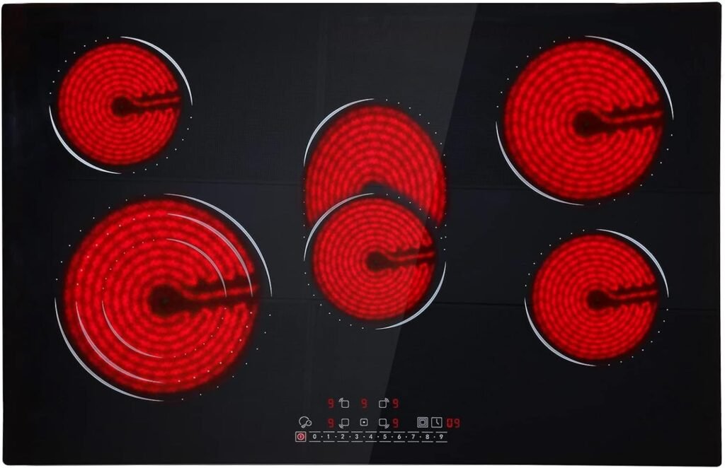 Homtone Electric Cooktopk, 30 inch Drop-in Radiant Stove Top, 8600w, 220-240V Ceramic Electric Cooktop with 5 Burners, Glass Surface, Sensor Touch Control, Safety Lock, 9 Power Stages, Timer