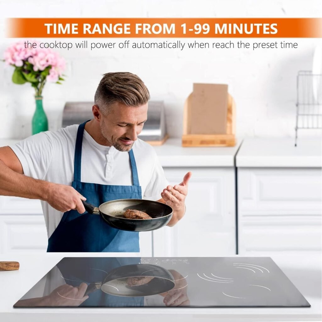 Homtone Electric Cooktopk, 30 inch Drop-in Radiant Stove Top, 8600w, 220-240V Ceramic Electric Cooktop with 5 Burners, Glass Surface, Sensor Touch Control, Safety Lock, 9 Power Stages, Timer