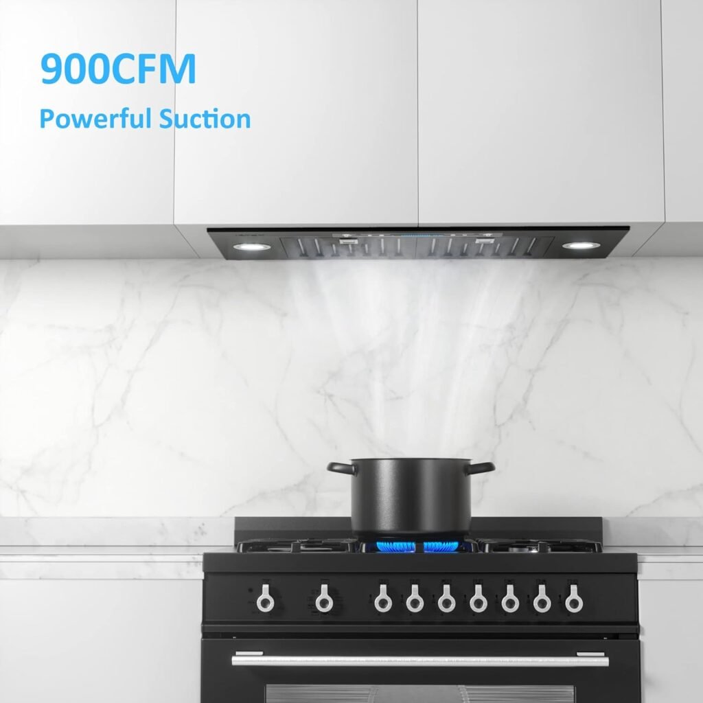IKTCH 36 inch Black Built-in/Insert Range Hood, 900 CFM Ducted/Ductless Stainless Steel Kitchen Vent Hood with 4 Speed Gesture SensingTouch Control Panel(IKB01-36-BSS)