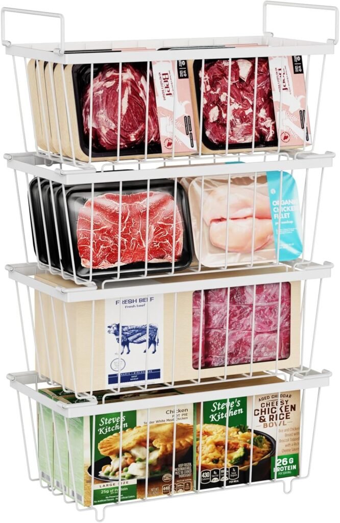 iSPECLE Chest Freezer Organizer - 4 Pack Stackable Freezer Organizer Bins for Most 7 Cu.FT Freezer Sort Frozen Meats, Deep Freezer Organizer Bins with Handle Add Space Easy Reach, White