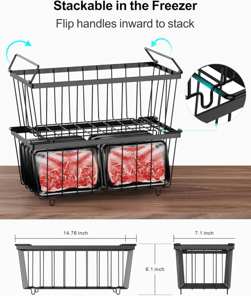 iSPECLE Chest Freezer Organizer - 4 Pack Stackable Freezer Organizer Bins for Most 7 Cu.FT Freezer Sort Frozen Meats, Deep Freezer Organizer Bins with Handle Add Space Easy Reach, White