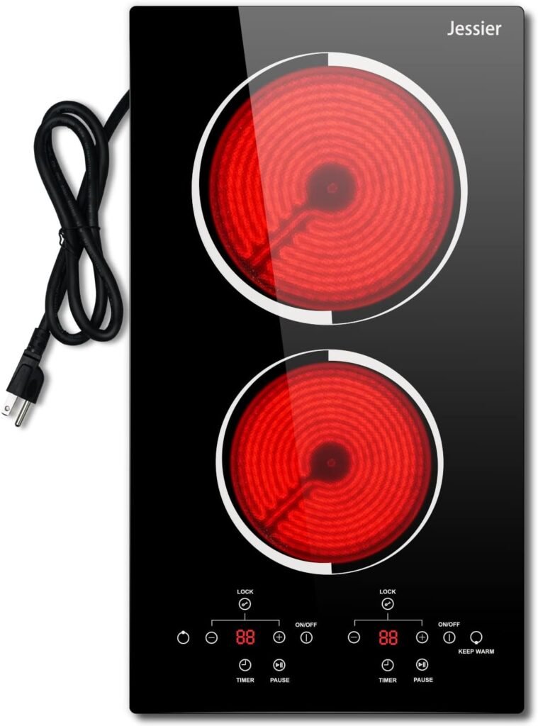 Jessier 12 Inch Electric Cooktop - 2 Burner Countertop  Built-in Electric Stove Top, 120V Plug in Electric Cook Top, Timer, Child Safety Lock, Over-Temperature Protection, Sensor Touch Control