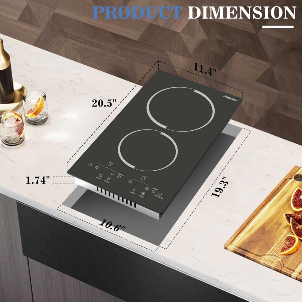 Jessier 12 Inch Electric Cooktop - 2 Burner Countertop  Built-in Electric Stove Top, 120V Plug in Electric Cook Top, Timer, Child Safety Lock, Over-Temperature Protection, Sensor Touch Control