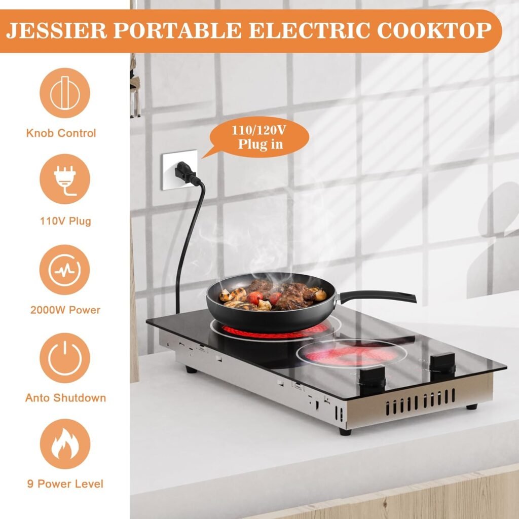 Jessier 12 Inch Electric Cooktop - 2 Burner Countertop  Built-in Electric Stove Top, 120V Plug in Electric Cook Top, Timer, Child Safety Lock, Over-Temperature Protection, Sensor Touch Control