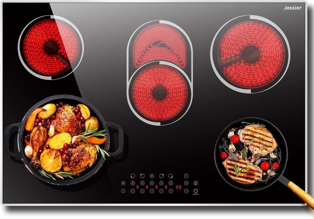 Jessier Electric Cooktop 30 Inch - 5 Burners Countertop  Built-in Ceramic Cooktop, Electric Stove Top with Glass Protection Metal Frame, 9 Heating Level, 8400W, 220-240V for Hard Wire(No Plug)