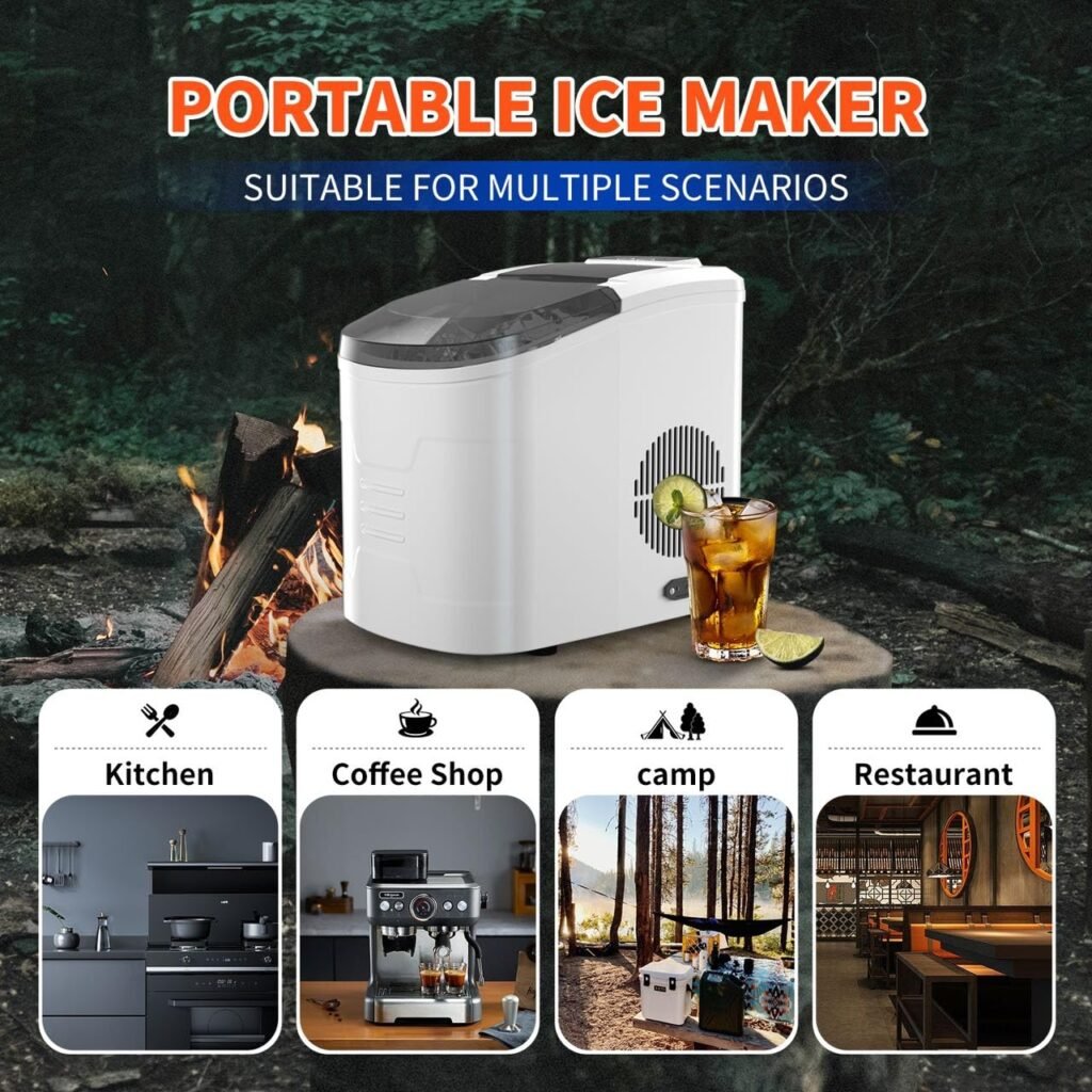 JOMAYZER Outdoor Ice Maker, DC/AC 12V-240V 26lbs/24H Portable Countertop Ice Machine, 9 Bullet-Shaped ice Cubes Ready in 6 Minutes, DC 12V/24V Ice Maker for Camping, Travel and Home Use