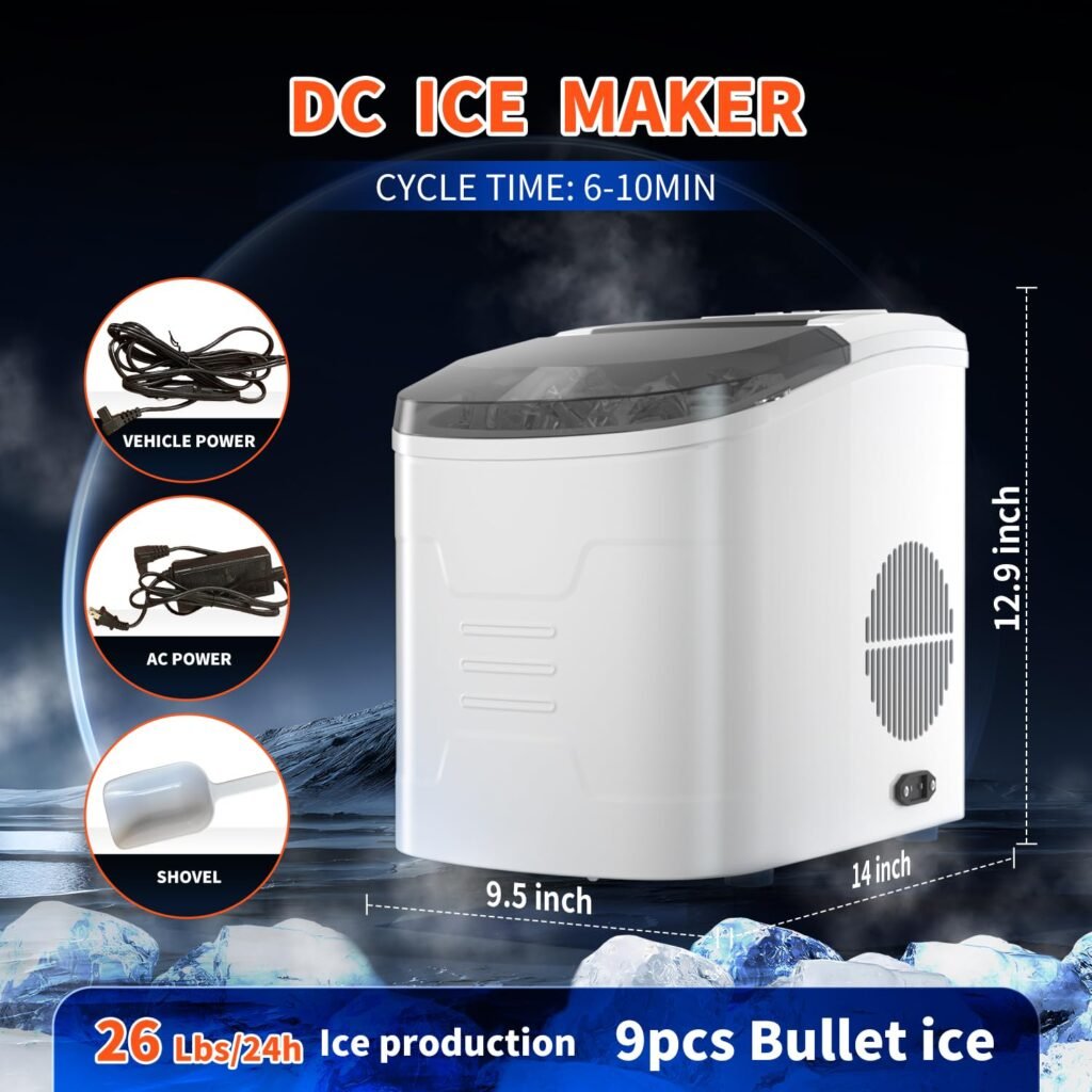 JOMAYZER Outdoor Ice Maker, DC/AC 12V-240V 26lbs/24H Portable Countertop Ice Machine, 9 Bullet-Shaped ice Cubes Ready in 6 Minutes, DC 12V/24V Ice Maker for Camping, Travel and Home Use
