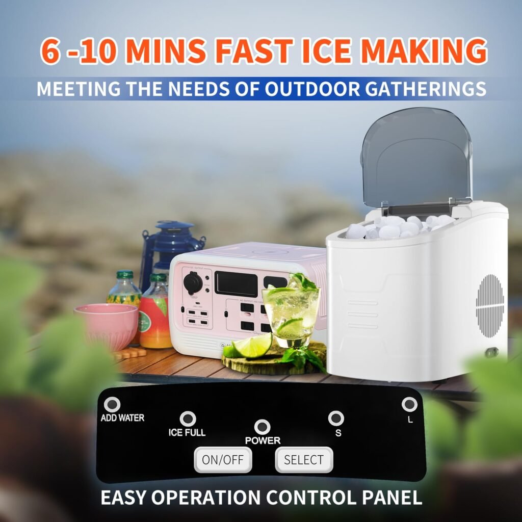 JOMAYZER Outdoor Ice Maker, DC/AC 12V-240V 26lbs/24H Portable Countertop Ice Machine, 9 Bullet-Shaped ice Cubes Ready in 6 Minutes, DC 12V/24V Ice Maker for Camping, Travel and Home Use