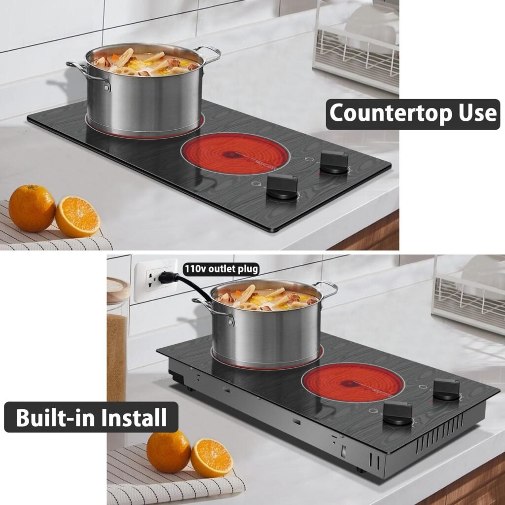 Karinear 110v Electric Cooktop 2 Burners, 12 Electric Stove Top with Plug in, Knob Control Countertop Built-in Ceramic Cooktop, 9 Heating Level, Hot Warning, Over-Temperature Protection Karinear 110v Electric Cooktop 2 Burners, 12 Electric Stove Top with Plug in, Knob Control Countertop Built-in Ceramic Cooktop, 9 Heating Level, Hot Warning, Over-Temperature Protection