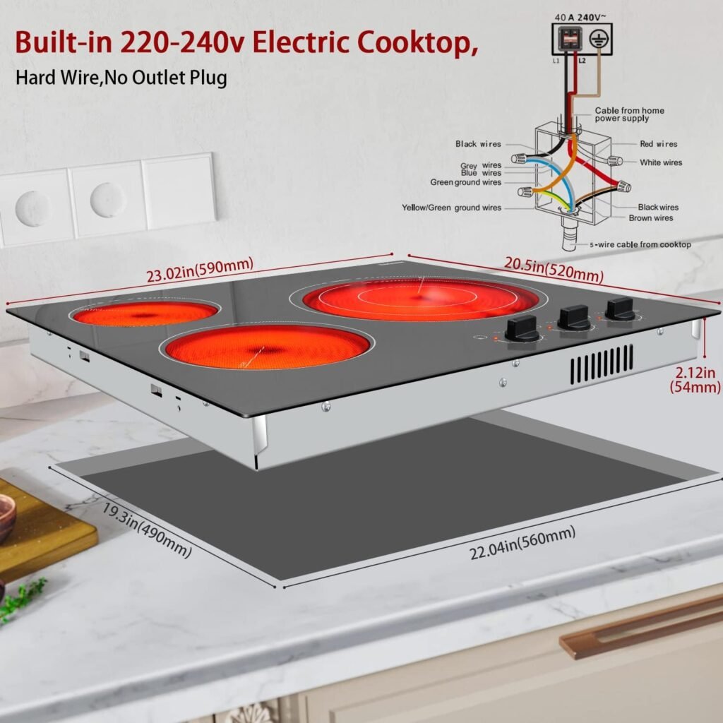 Karinear 24 Electric Cooktop 3 Burners Ceramic Cooktop, Built-in Electric Stove Top Knob Control, Hot Warning, Over-Temperature Protection, 9 Power Setting, 220-240v, 5700W, Hard Wire (No Plug)