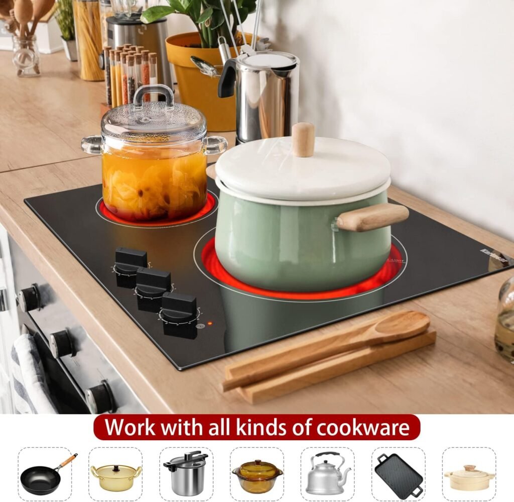 Karinear 24 Electric Cooktop 3 Burners Ceramic Cooktop, Built-in Electric Stove Top Knob Control, Hot Warning, Over-Temperature Protection, 9 Power Setting, 220-240v, 5700W, Hard Wire (No Plug)