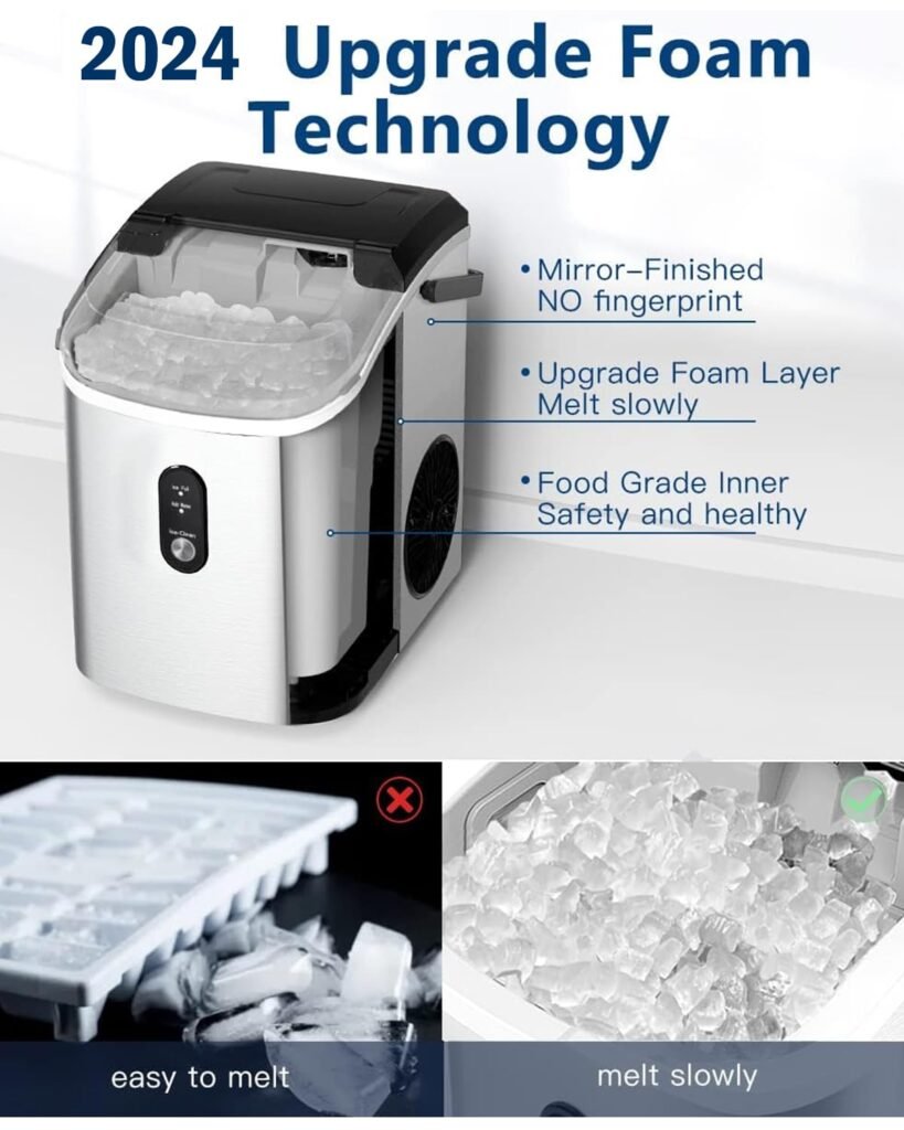 Kndko Nugget Ice Maker with Handle,33lbs/Day, Produce a Basket in 1.5 Hour, Self-Cleaning, One-Click Design, Compact Ice Maker Nugget with Chewy Ice for Home Bar Party,Black