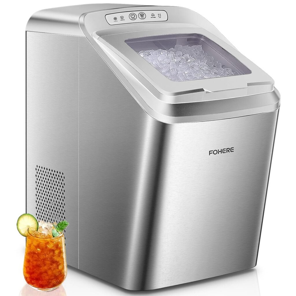 Nugget Ice Maker Countertop, Makes 33lbs Crunchy ice in 24H, 5.3lbs Basket, Self-Cleaning Pebble Ice Machine, Portable Ice Maker for Home/Kitchen/Office/Bar, FOHERE