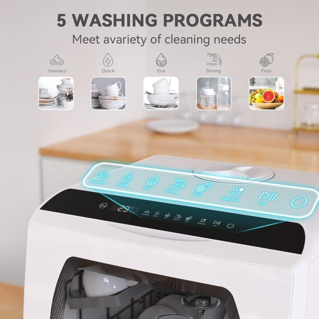 Portable Countertop Dishwasher, 5 Washing Programs Mini Dishwasher with 5L Built-in Water Tank  Inlet Hose, For apartments