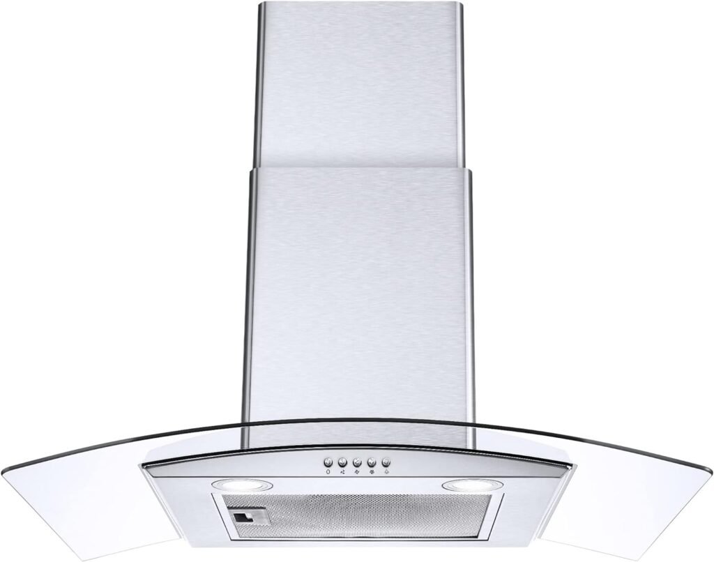 Range Hood 30 Inch, Tieasy Wall Mount Kitchen Hood with Ducted/Ductless Convertible Duct, Stainless Steel Chimney and Aluminum Filters, LED Lights, 3 Speed Fan, Push Button
