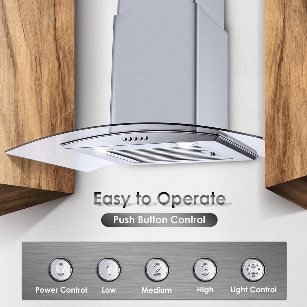 Range Hood 30 Inch, Tieasy Wall Mount Kitchen Hood with Ducted/Ductless Convertible Duct, Stainless Steel Chimney and Aluminum Filters, LED Lights, 3 Speed Fan, Push Button