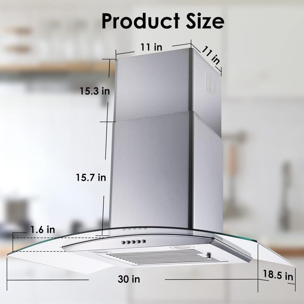 Range Hood 30 Inch, Tieasy Wall Mount Kitchen Hood with Ducted/Ductless Convertible Duct, Stainless Steel Chimney and Aluminum Filters, LED Lights, 3 Speed Fan, Push Button