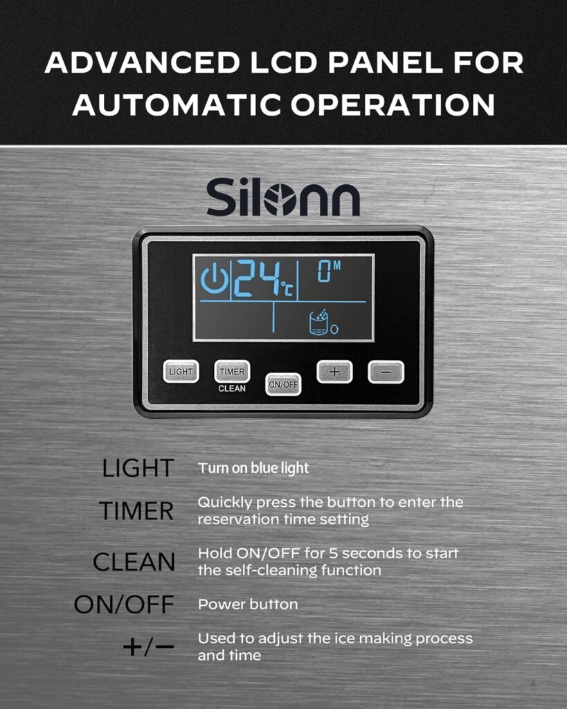 Silonn Commercial Ice Maker Machine, Creates 100lbs in 24H, 33lbs Ice Storage Capacity, Stainless Steel Freestanding Ice Maker with Auto Self-Cleaning for Home Office Bar Parties (SLIM11)