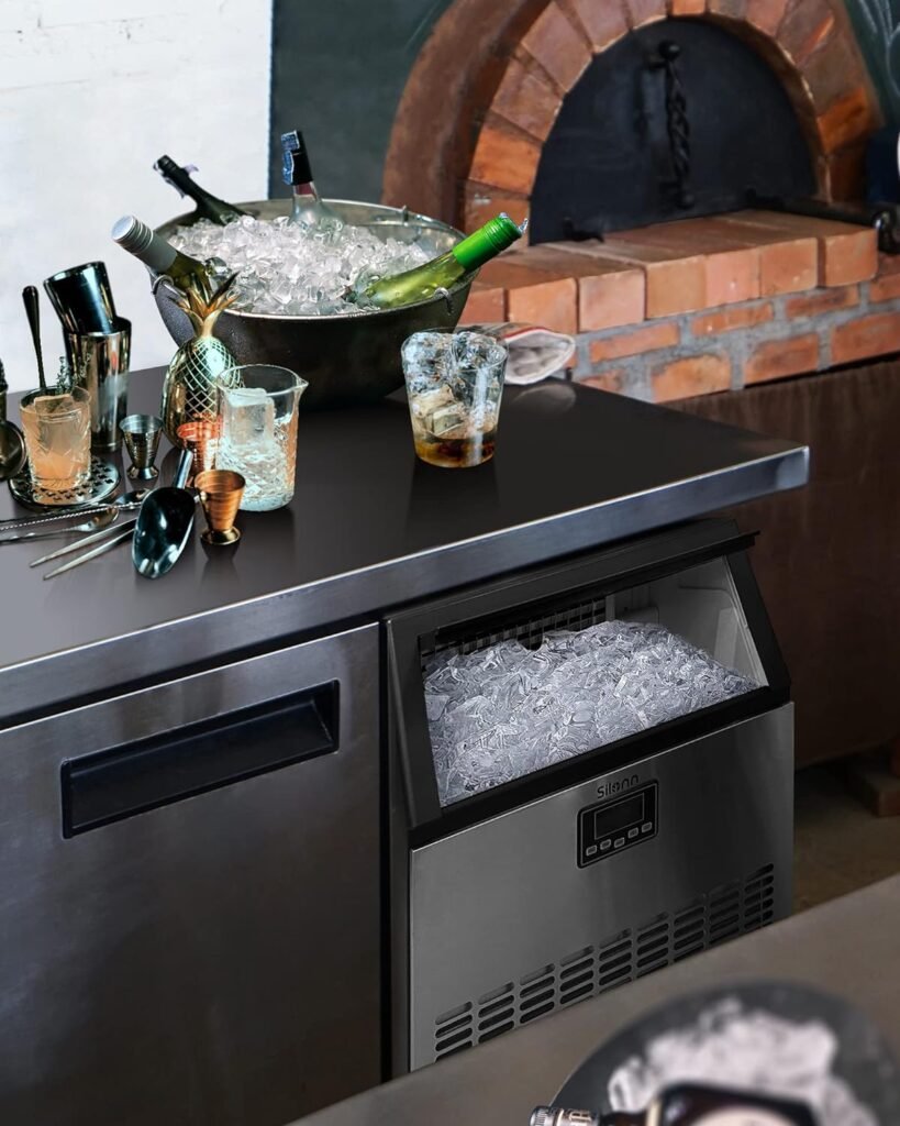 Silonn Commercial Ice Maker Machine, Creates 100lbs in 24H, 33lbs Ice Storage Capacity, Stainless Steel Freestanding Ice Maker with Auto Self-Cleaning for Home Office Bar Parties (SLIM11)
