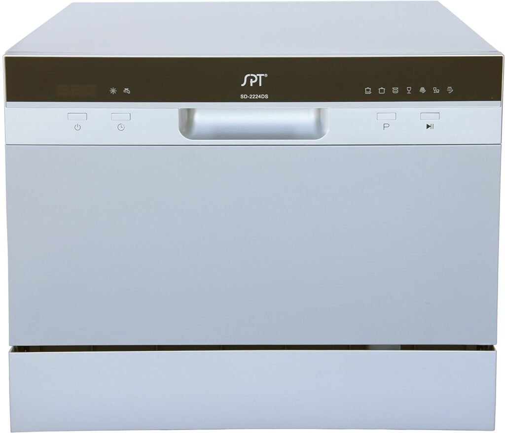 SPT SD-2224DS ENERGY STAR Compact Countertop Dishwasher with Delay Start - Portable Dishwasher with Stainless Steel Interior and 6 Place Settings Rack Silverware Basket, Silver