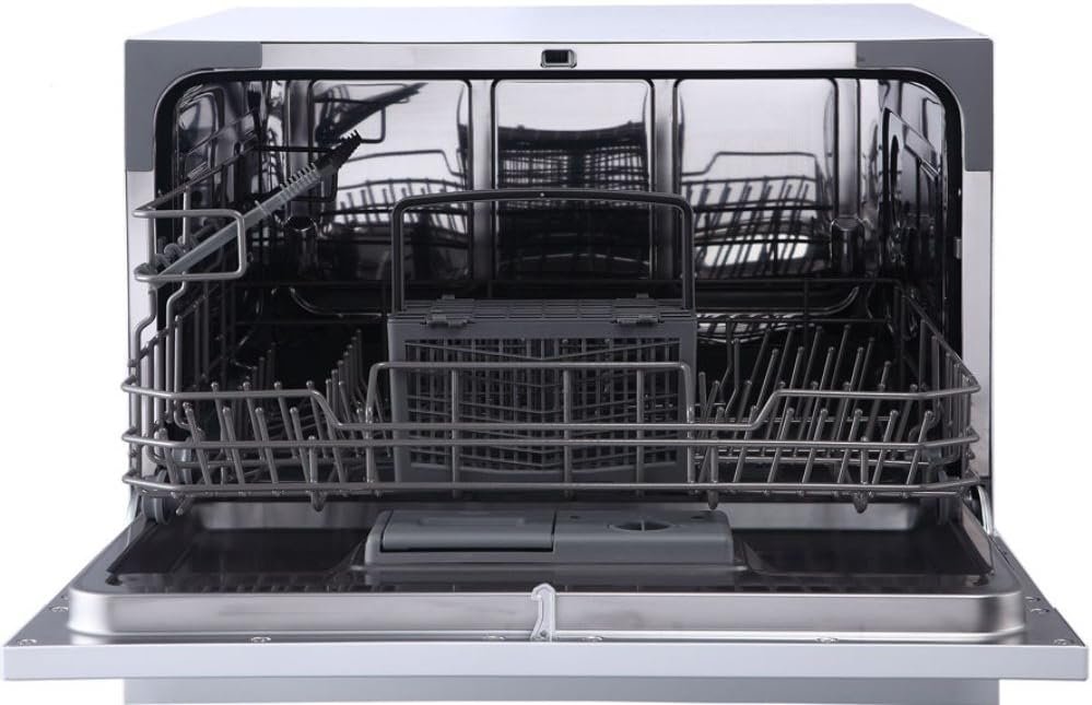 SPT SD-2225DW Compact Countertop Dishwasher/Delay Start-Energy Star Portable Dishwasher with Stainless Steel Interior and 6 Place Settings Rack Silverware Basket/Apartment Office Home Kitchen, White