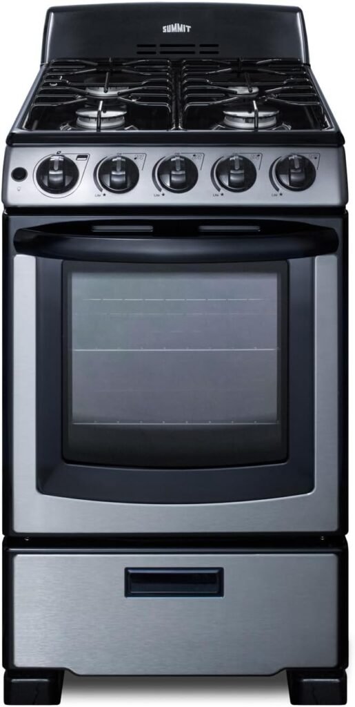 Summit Appliance PRO201SS 20 Wide Gas Range in Stainless Steel with Electronic Ignition (Spark), Indicator Lights, Backguard, Porcelain Construction, Upfront Controls, Oven Window, and Sealed Burners