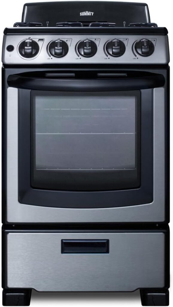 Summit Appliance PRO201SS 20 Wide Gas Range in Stainless Steel with Electronic Ignition (Spark), Indicator Lights, Backguard, Porcelain Construction, Upfront Controls, Oven Window, and Sealed Burners