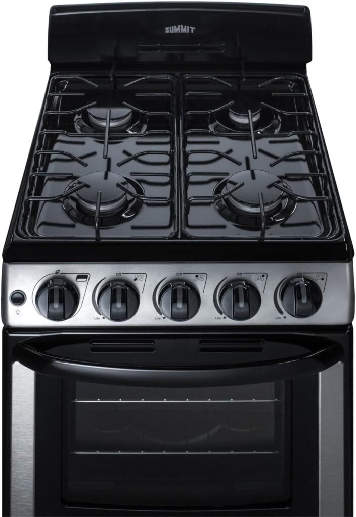 Summit Appliance PRO201SS 20 Wide Gas Range in Stainless Steel with Electronic Ignition (Spark), Indicator Lights, Backguard, Porcelain Construction, Upfront Controls, Oven Window, and Sealed Burners