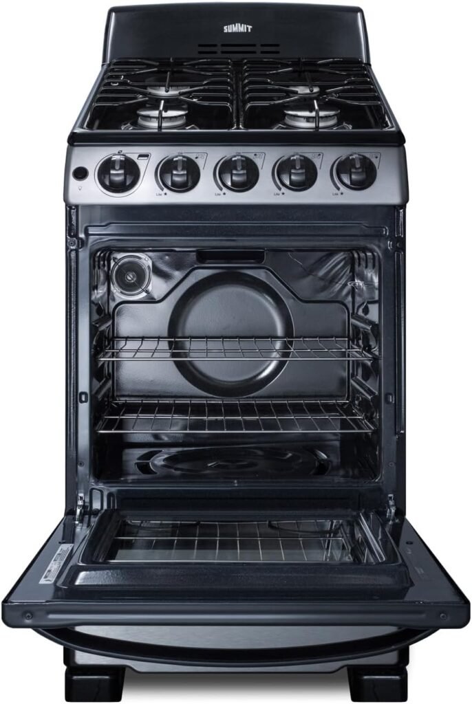 Summit Appliance PRO201SS 20 Wide Gas Range in Stainless Steel with Electronic Ignition (Spark), Indicator Lights, Backguard, Porcelain Construction, Upfront Controls, Oven Window, and Sealed Burners